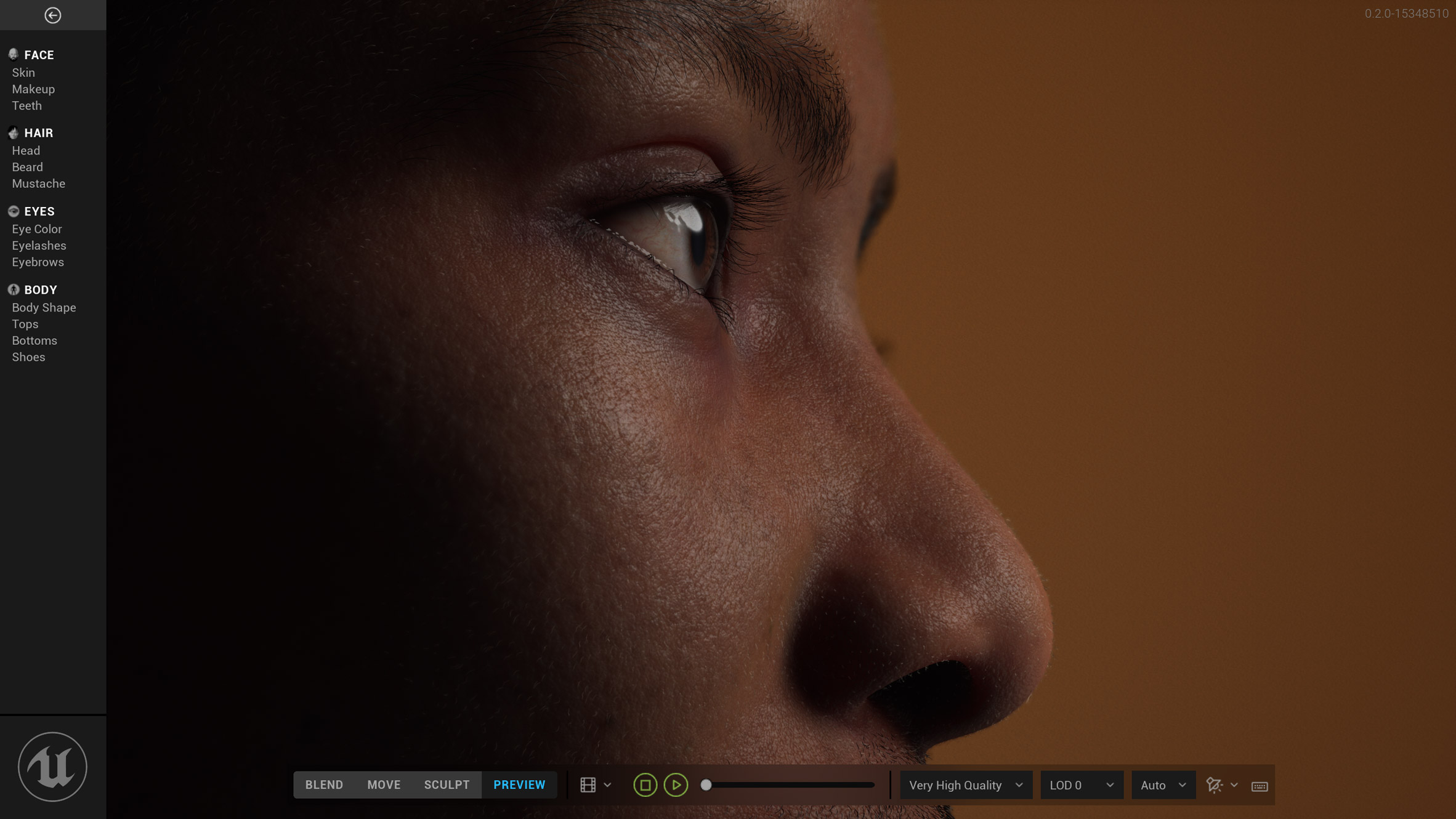 Close-up of digital human created using software by Epic Games and Unreal Engine