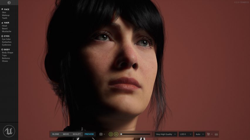 Portrait of digital human created using software by Epic Games and Unreal Engine
