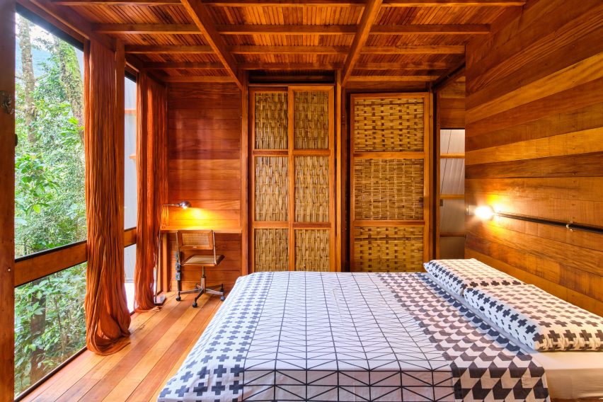 Bedroom of cabin on stilts in Brazil