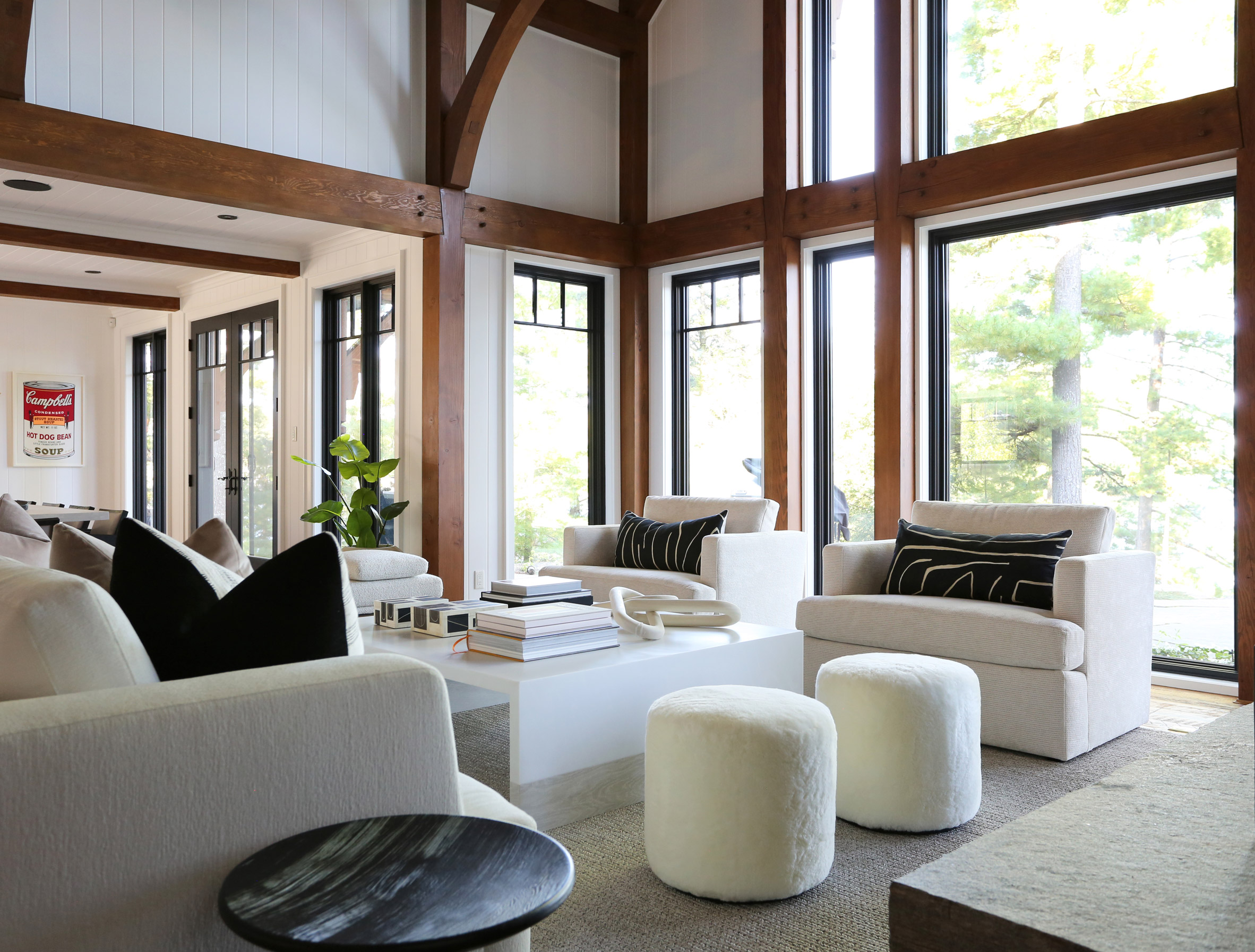 The Great Room's shearling poufs and armchairs