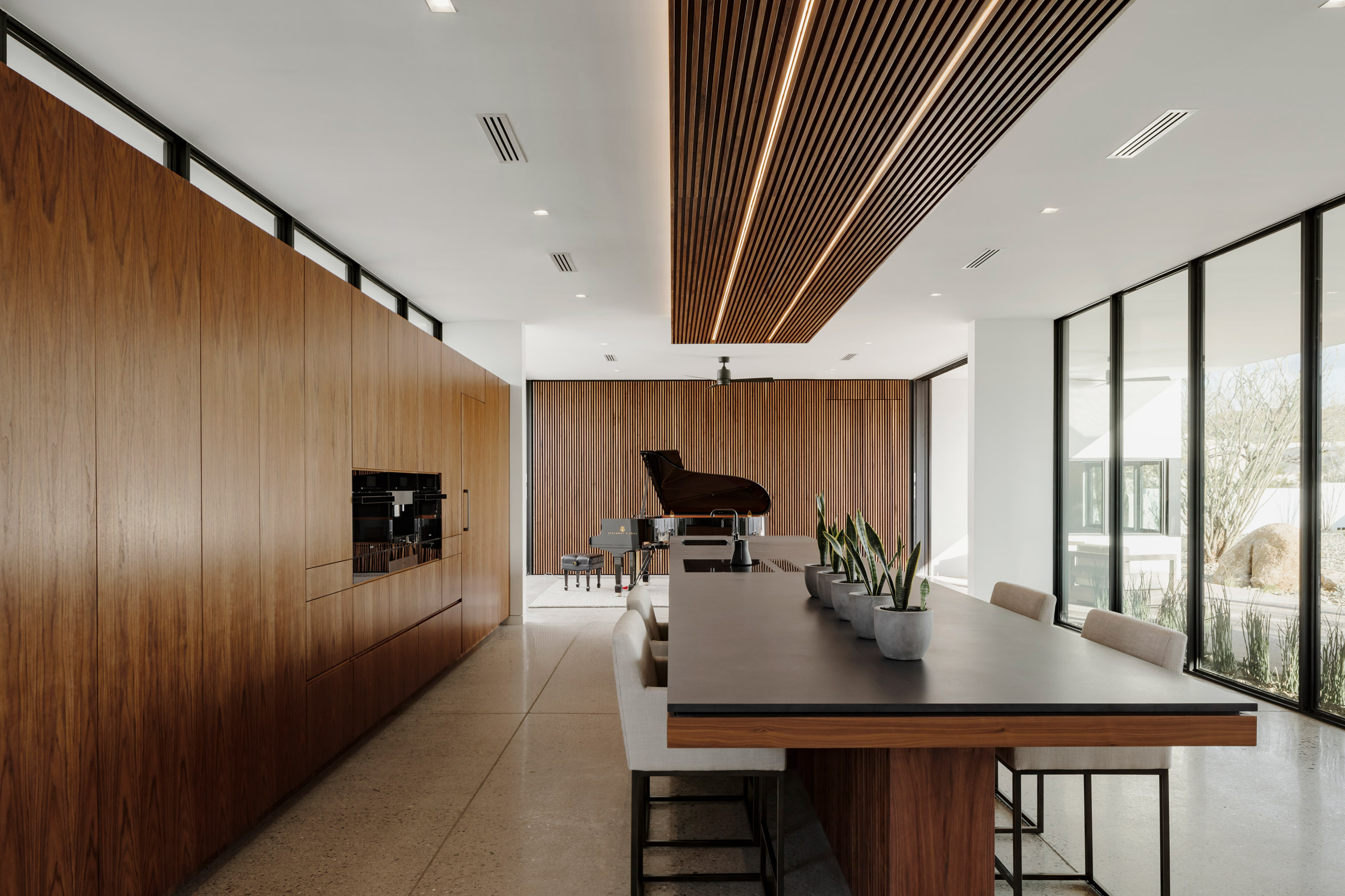 Walnut wood in kitchen and music room