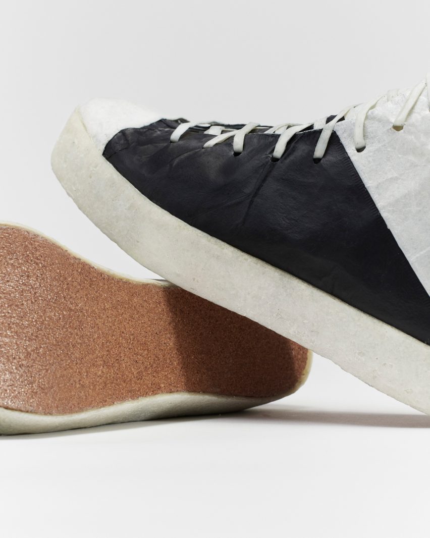 Close-up and cork sole of trainers designed by Public School and Theanne Schiros