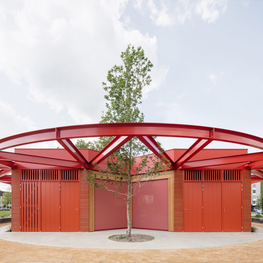 Red steel-and-brick pavilion in Maastricht