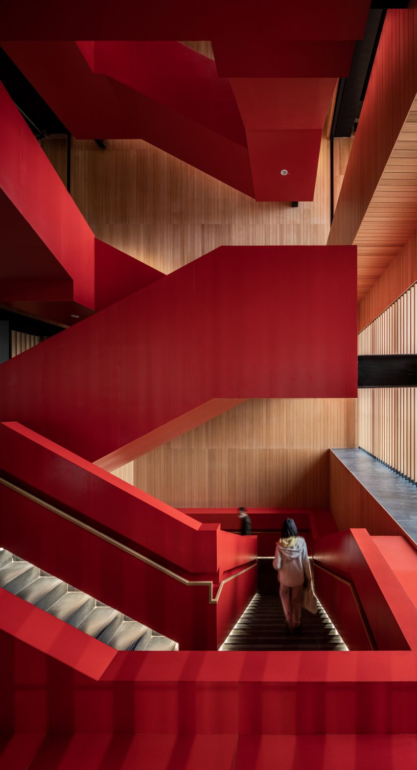 A bright red staircase