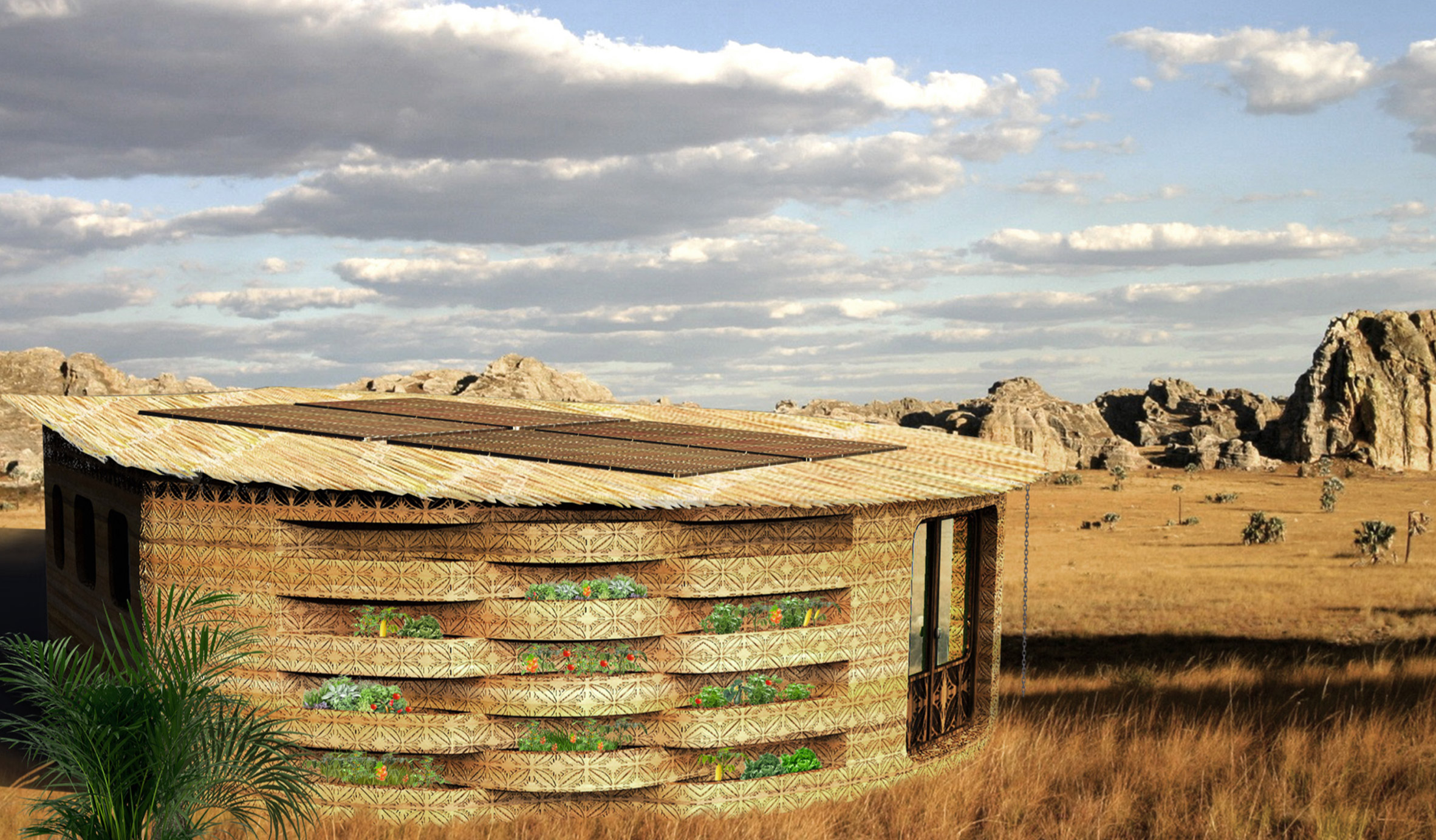 A vertical farm on the facade of a 3D-printed school
