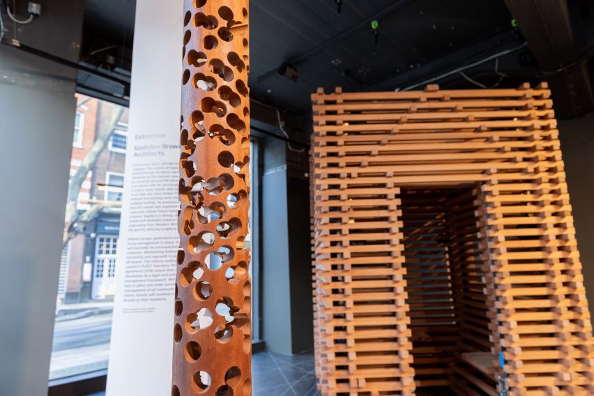 Extraction by Julia and Julian Kashdan-Brown and Sapele Sound Pavilion by Jeremy Yu and Tomos Owen from Conversations about Climate Change exhibition by the Timber Trade Federation
