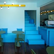 Sky-blue cafe in Buffalo features "Alice in Wonderland" staircase