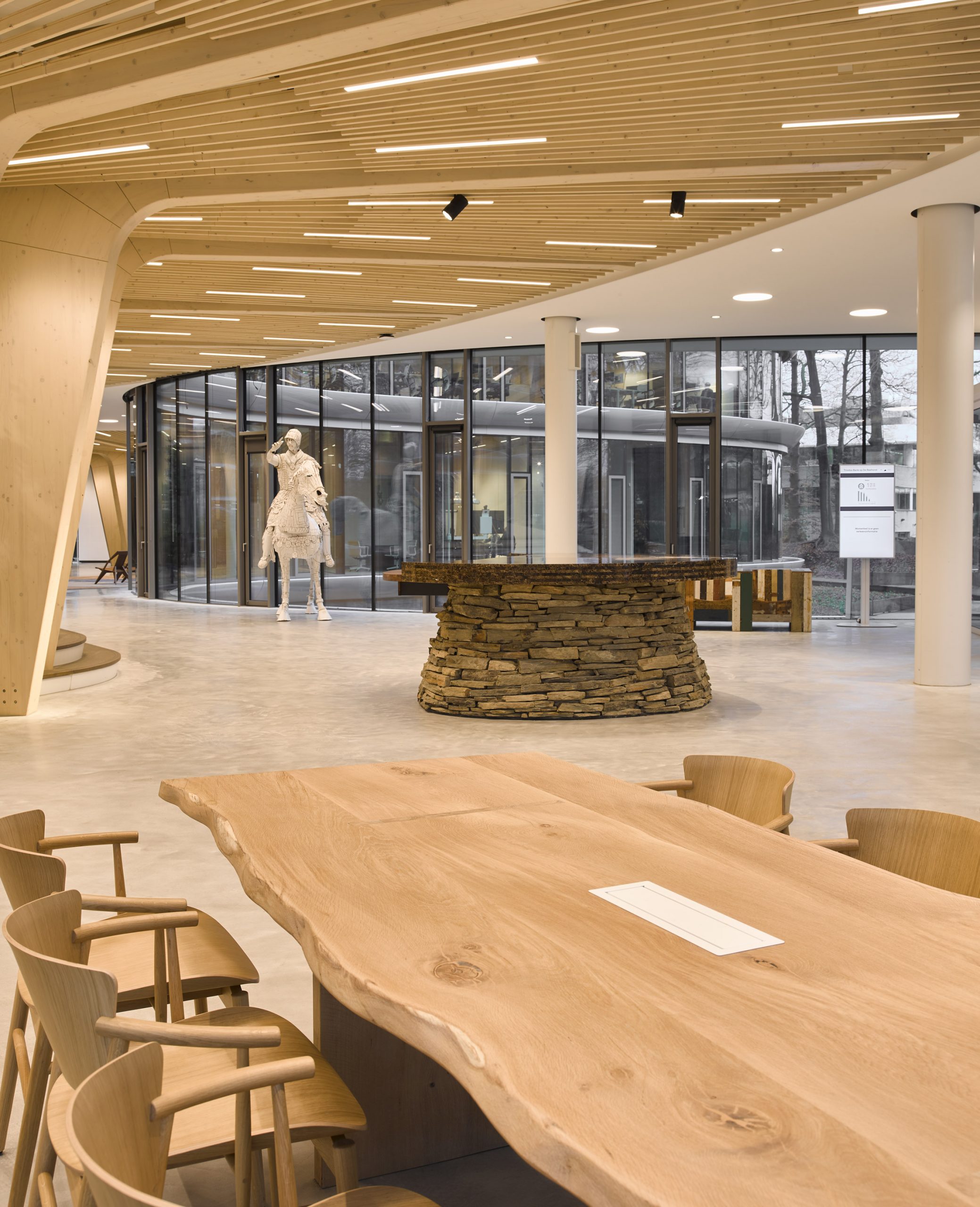 An office lobby with an exposed timber ceiling