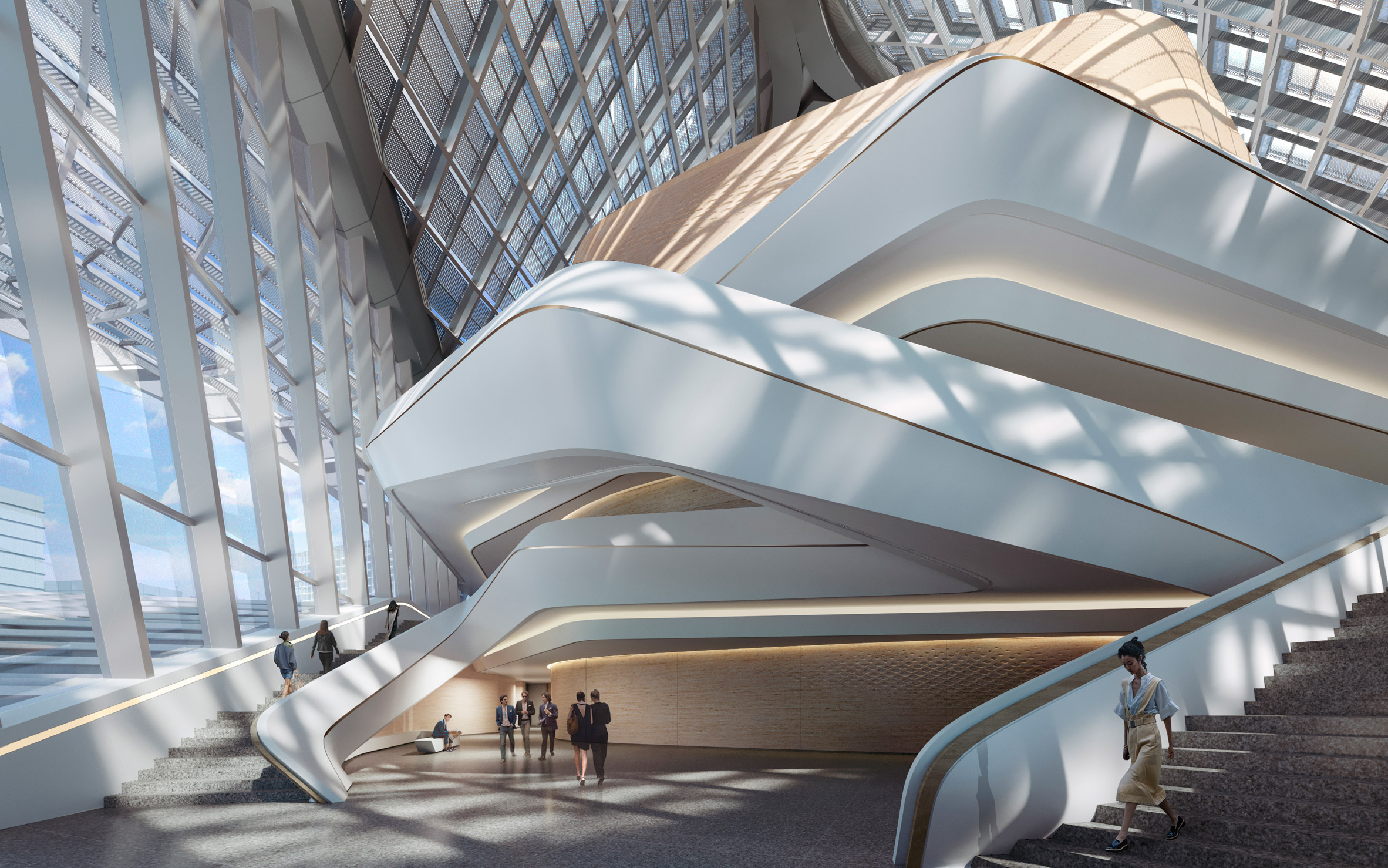 A folding staircase inside a Chinese cultural centre by Zaha Hadid Architects