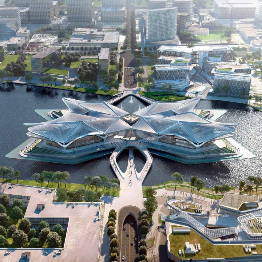 An aerial view of Zhuhai Jinwan Civic Art Centre by Zaha Hadid Architects