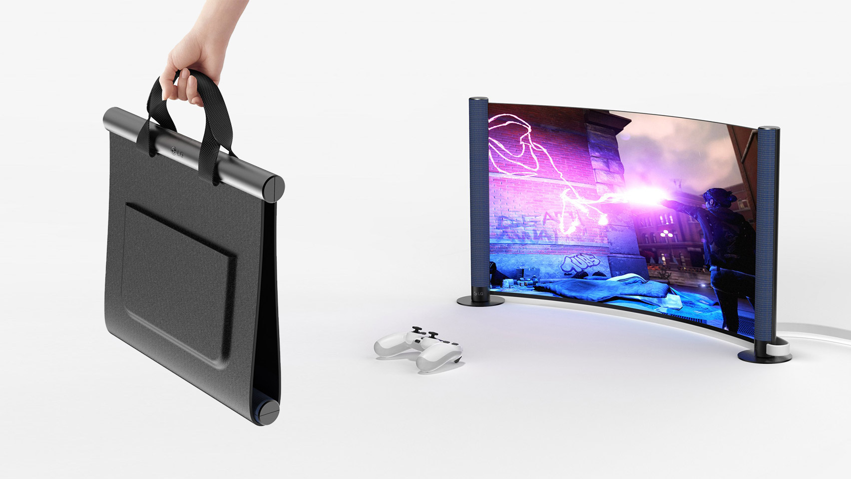 Folio by Kevin Chiam carry case with flexible screen for Dezeen and LG Display's OLED Go! competition