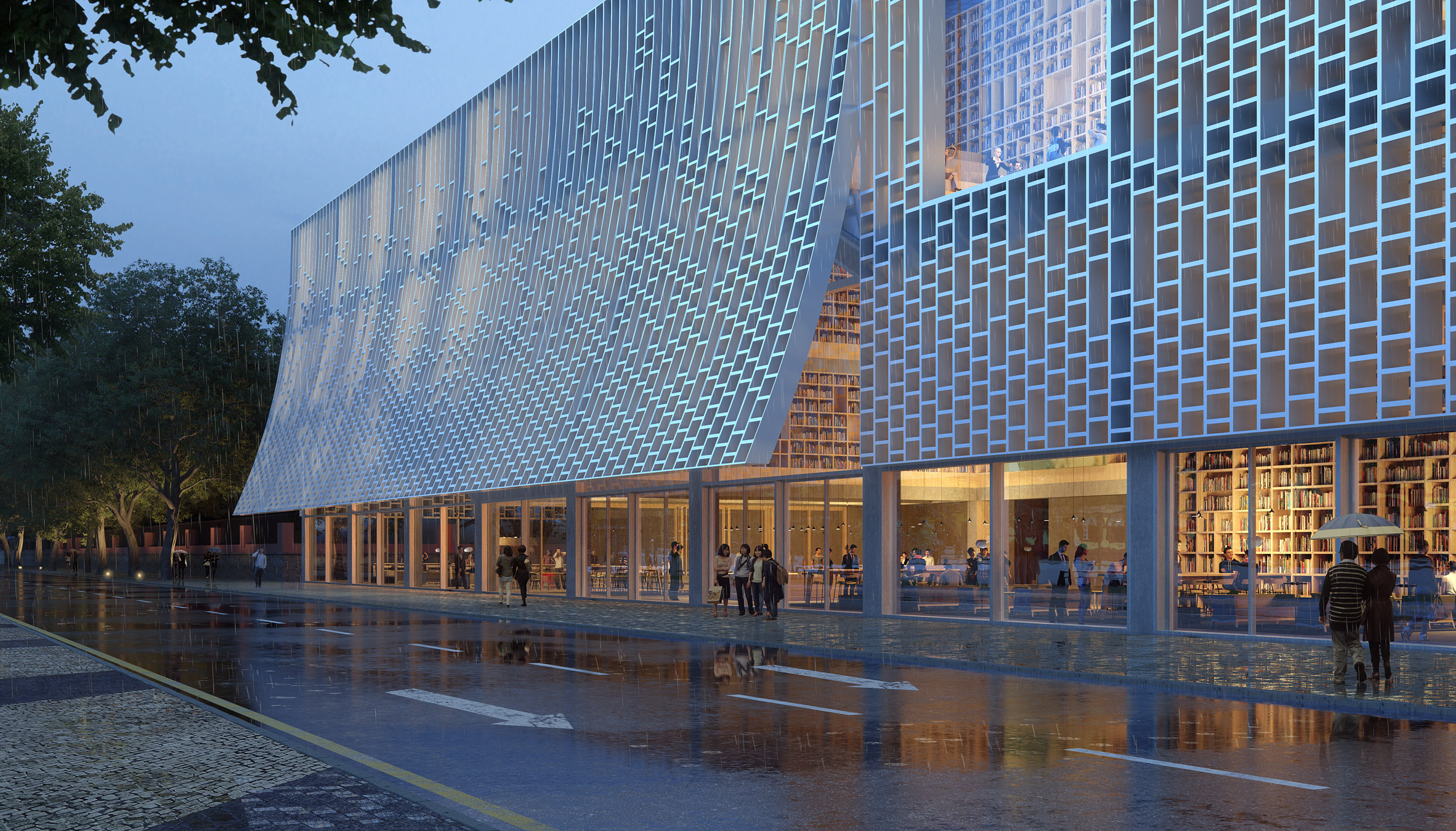 The facade is gridded and reflects bookcases by Mecanoo