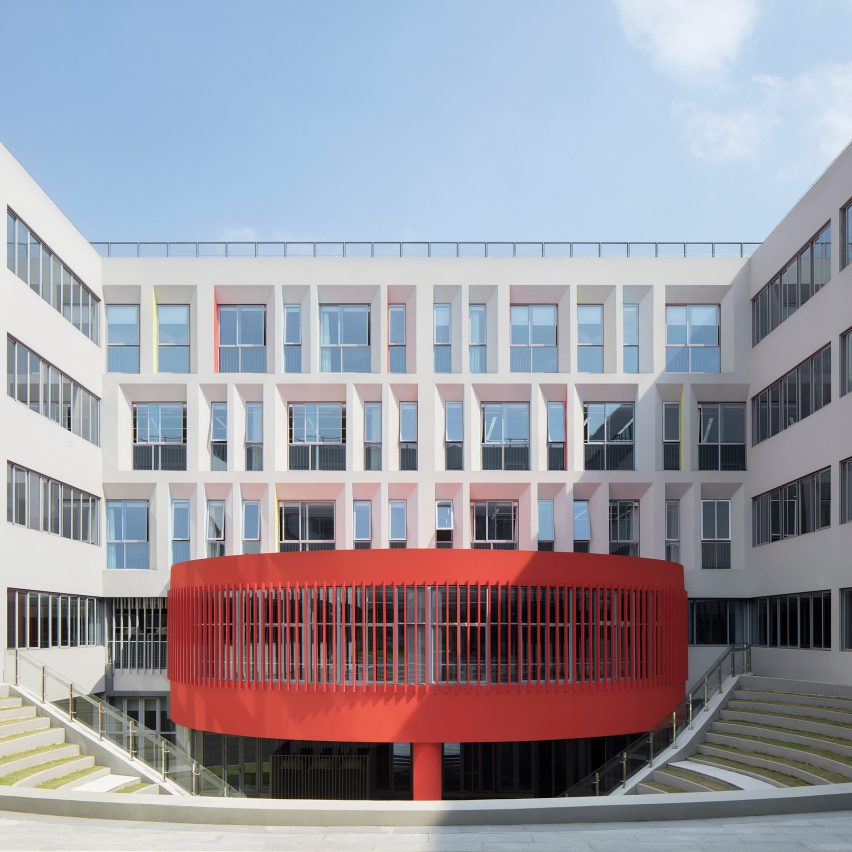 Red form in a courtyard