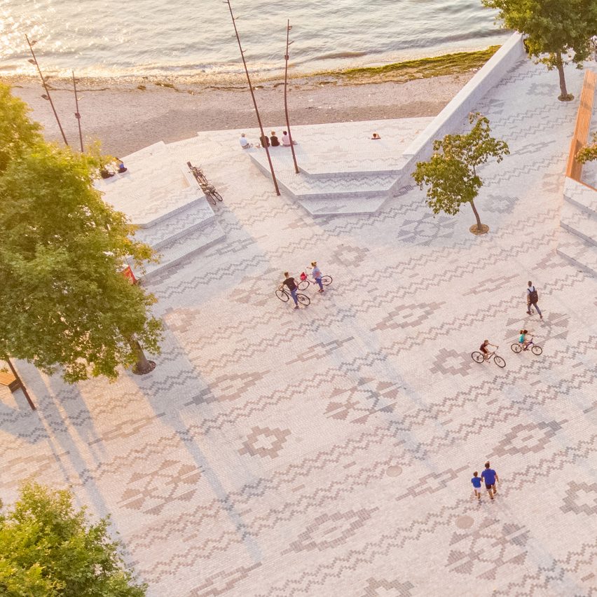 An aerial view of a patterned public plaza