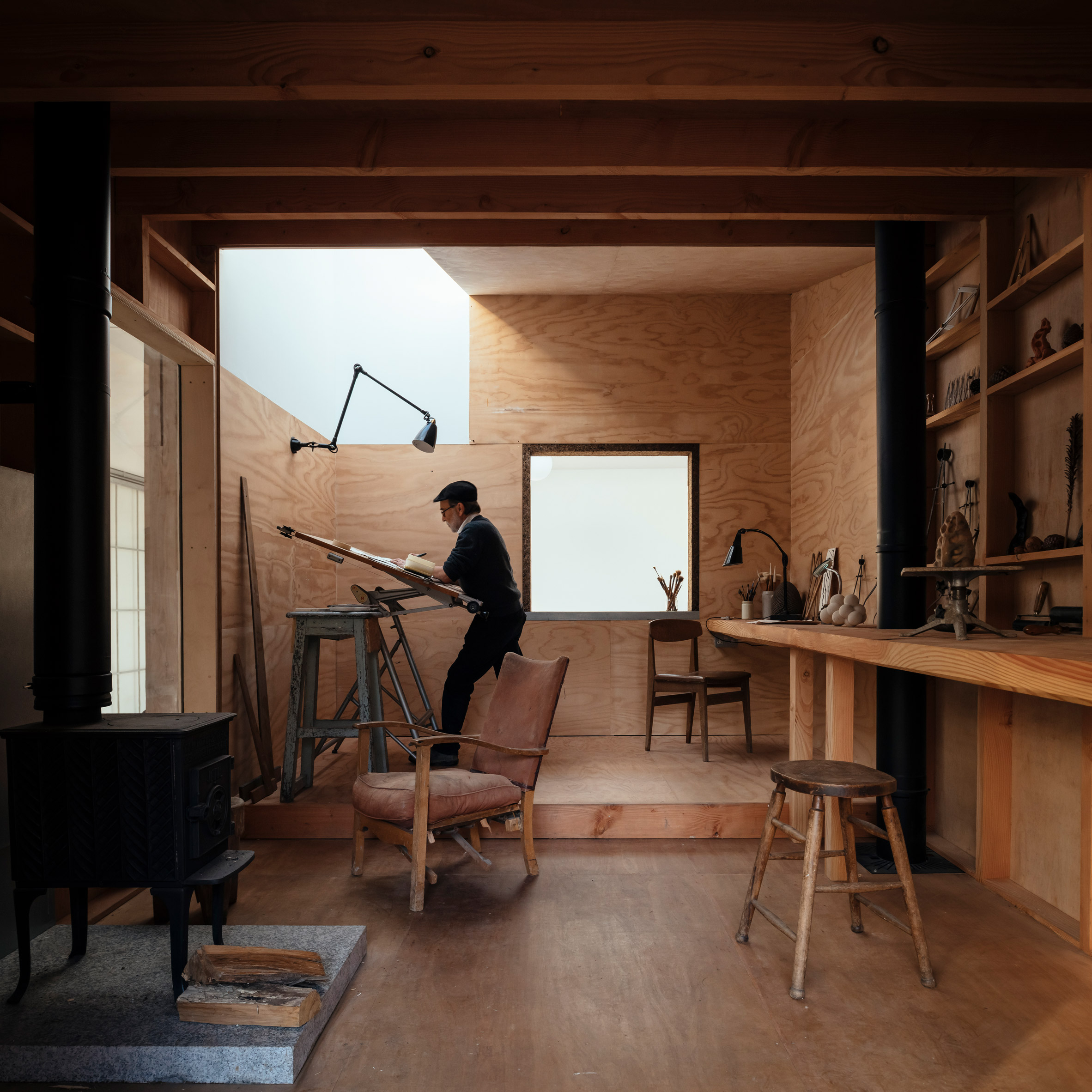 A wood-lined artist studio