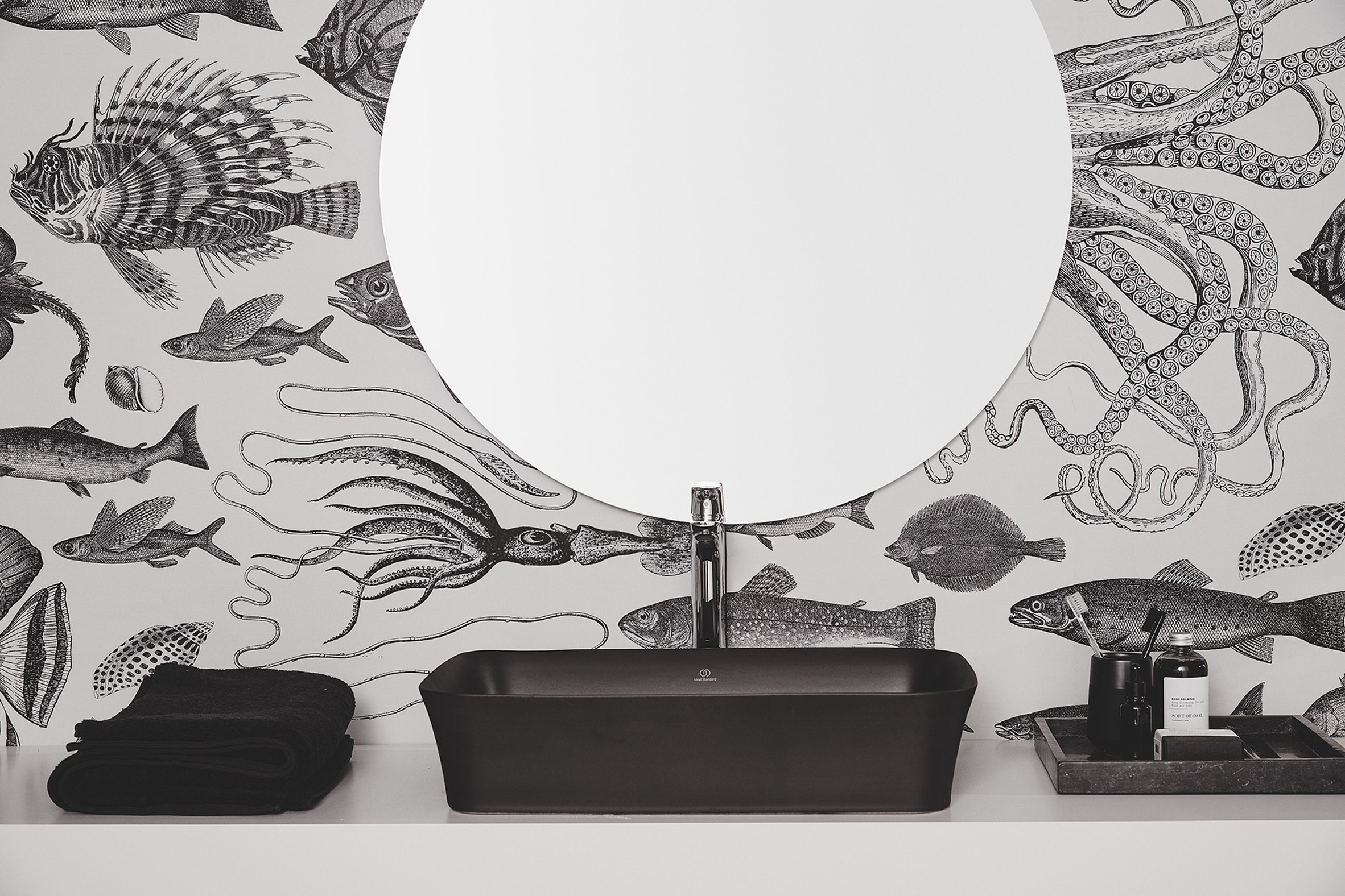 A monochromatic bathroom with a black washbasin