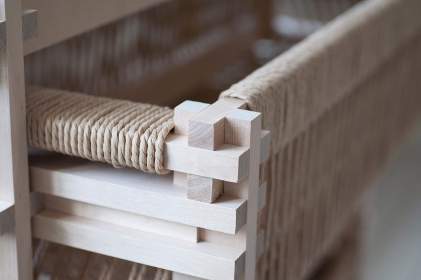 Close-up of dresser made from sawmill waste and wrapped in paper cord