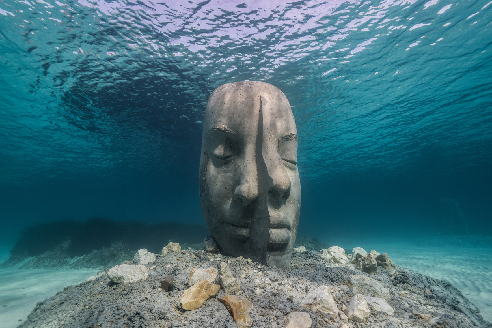 An underwater sculpture of a fragmented human face