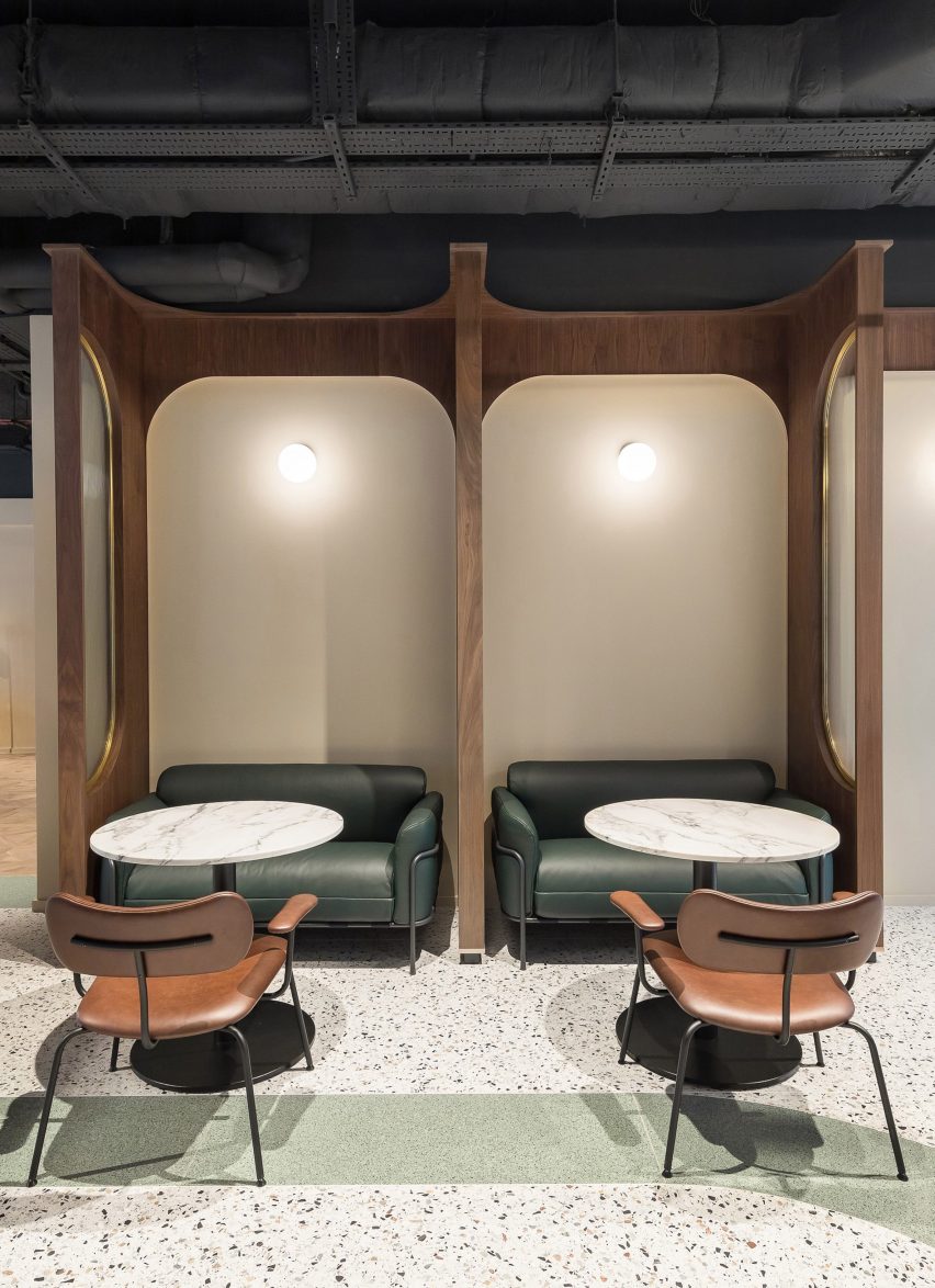 Seating booths at Chapter Old Street by Tigg + Coll Architects