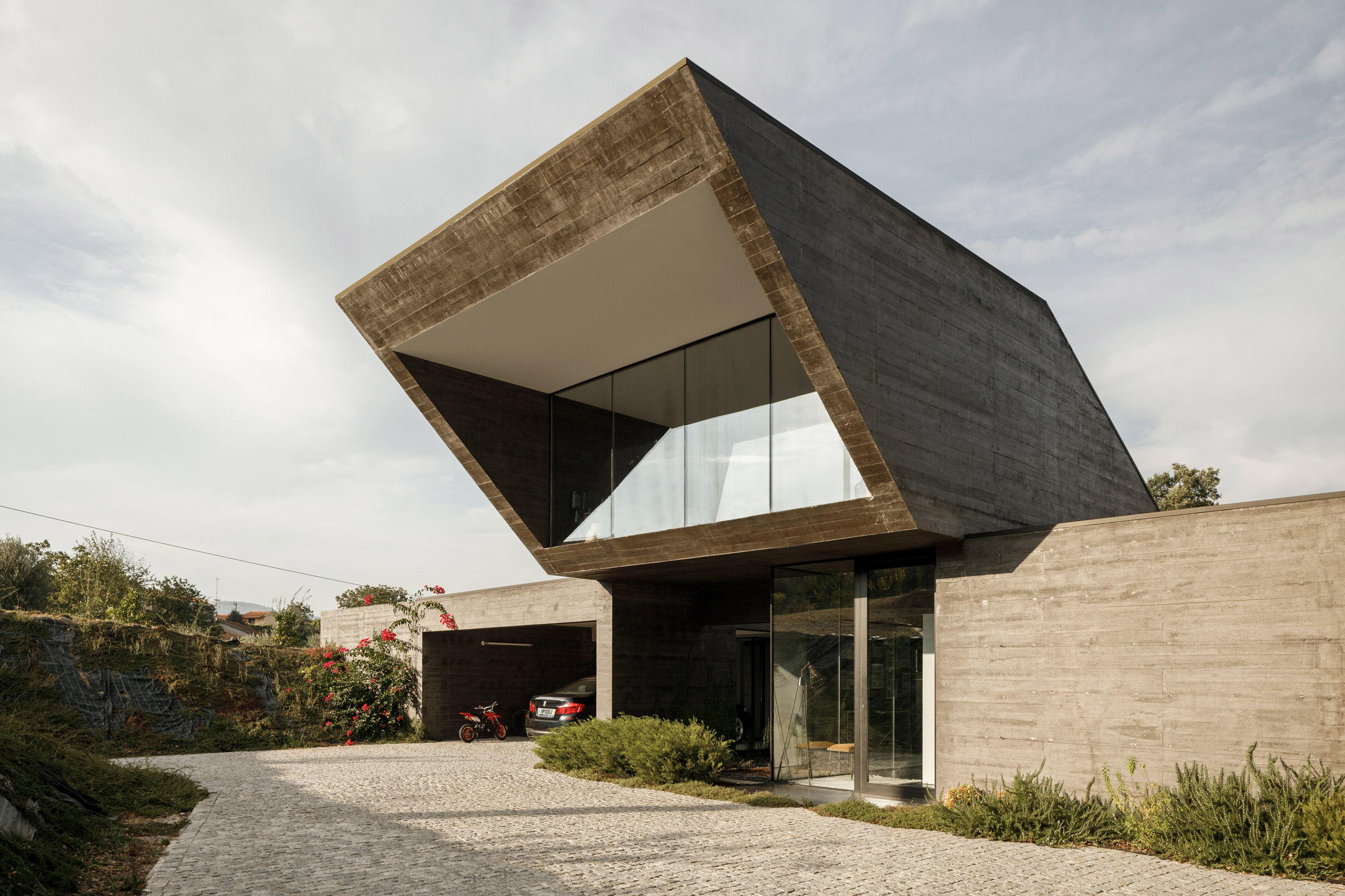 The angular facade of a concrete house 