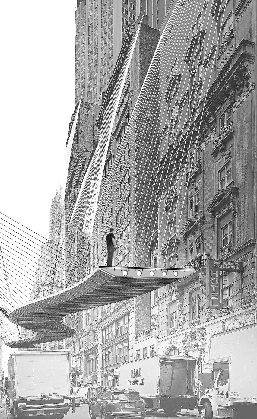 A black and white architectural perspective drawing
