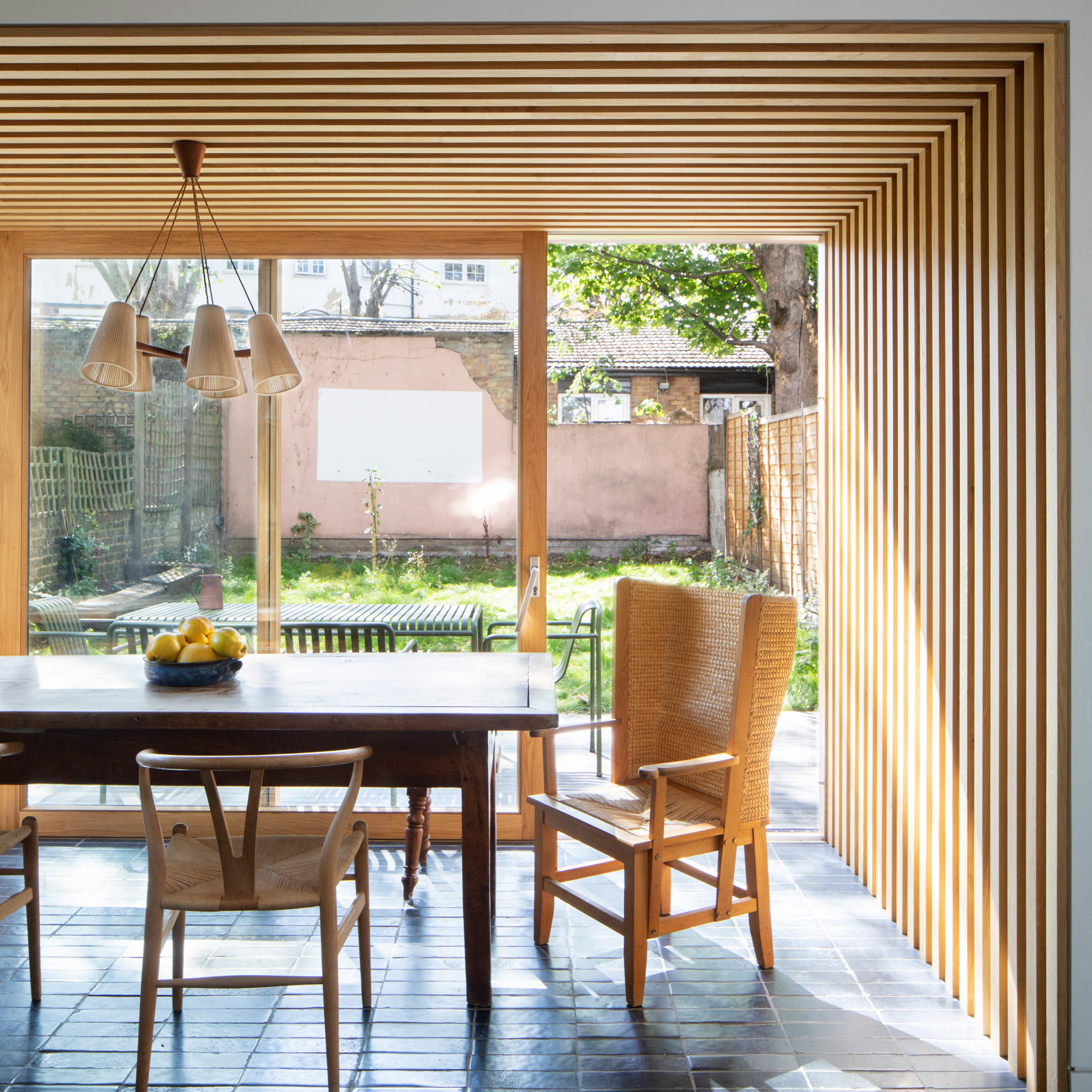 The wood-lined dining room in a townhouse