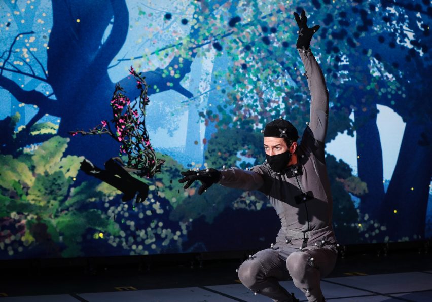 Performer in motion capture suit rehearsing for virtual Dream play by the Royal Shakespeare Company