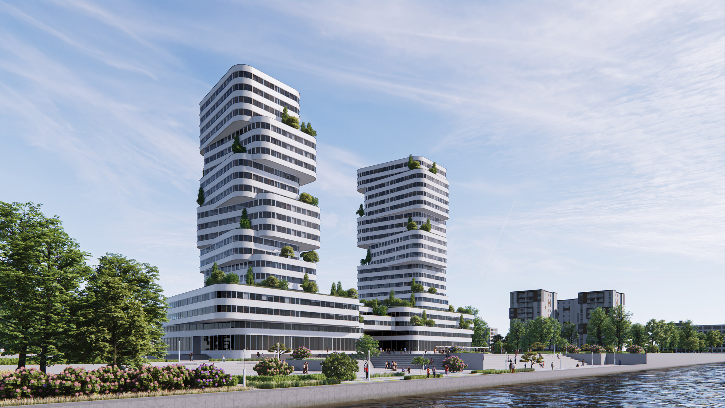 An architectural visualisation of a pair of towers