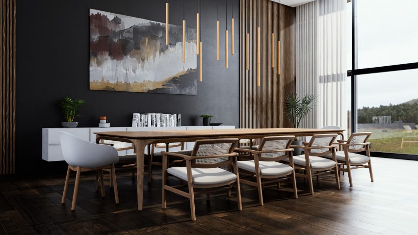 A 3D render of a residential dining room 