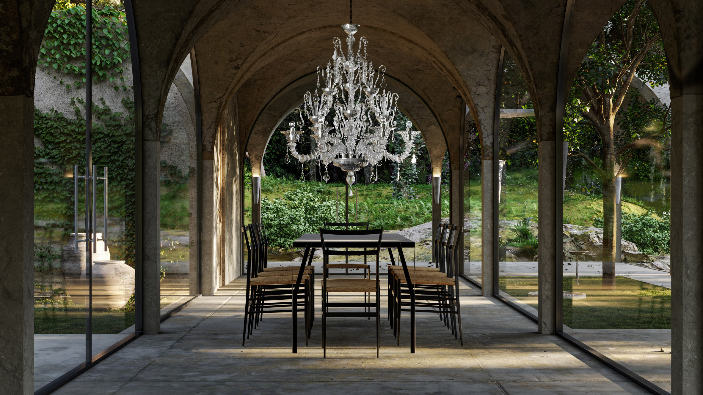 A chandelier-lit dining room designed by Marc Thorpe