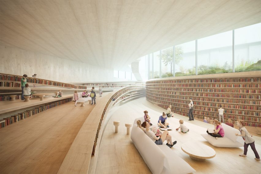 A visual of a stepped, wooden reading room