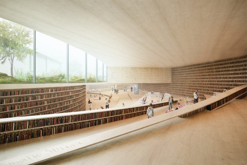 A visual of a stepped, wooden library interior