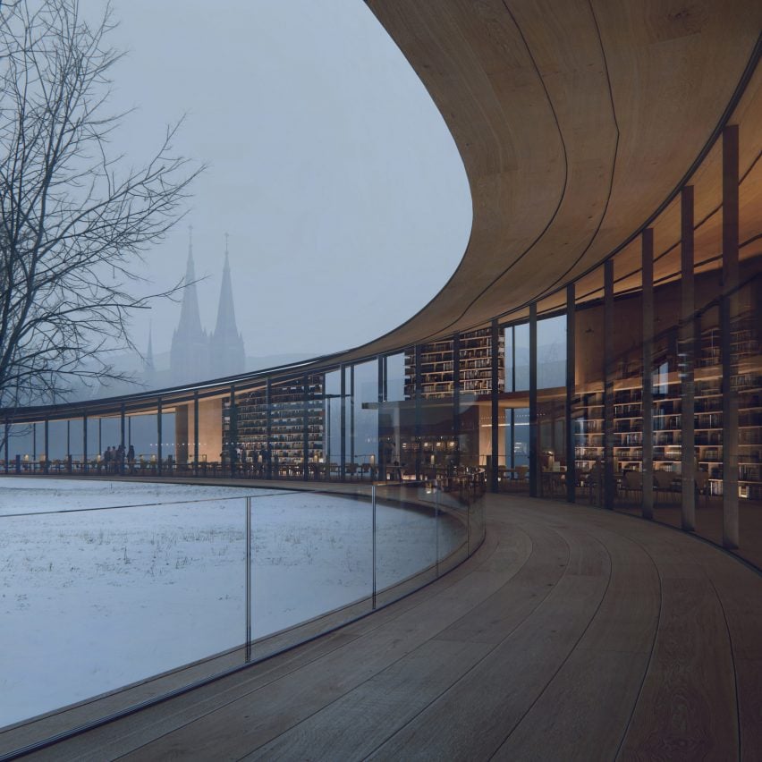 A curved wooden library lined with glazed walls