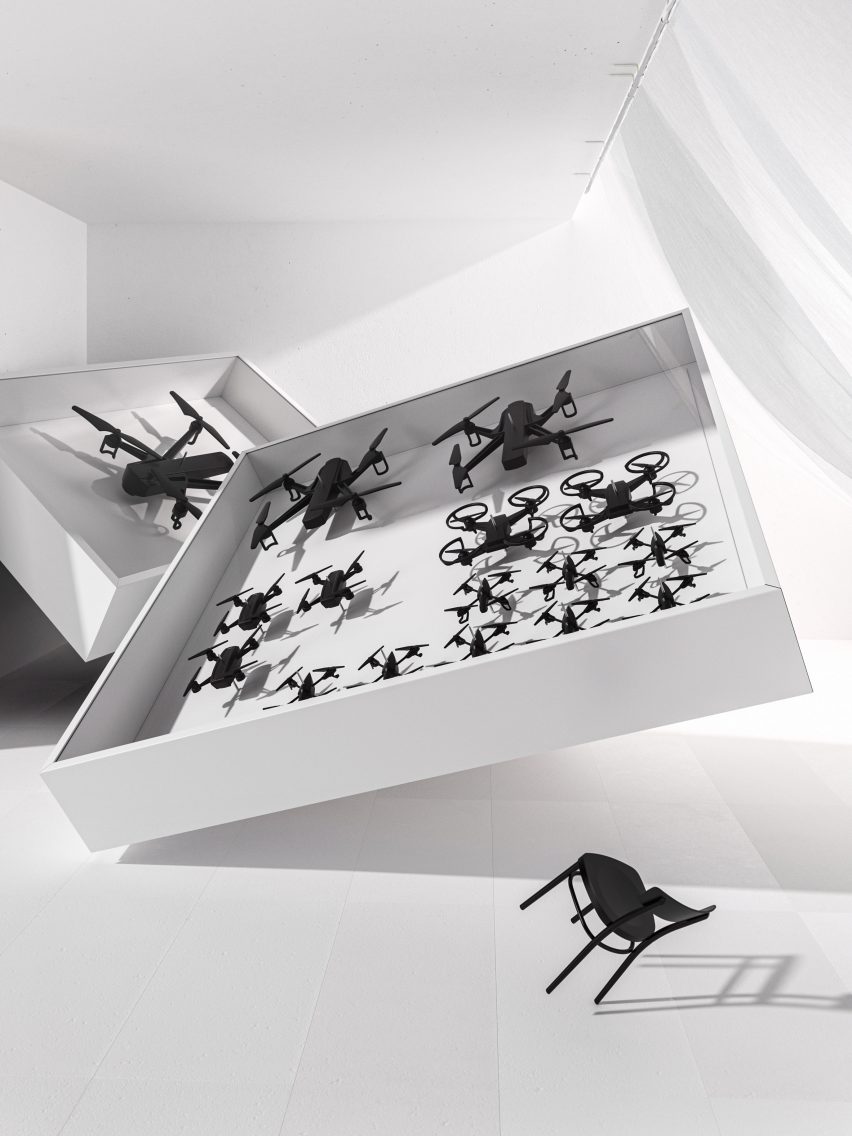 Drones in display case by Humans since 1982 for Ikea art event 2021