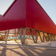 An angular red pavilion