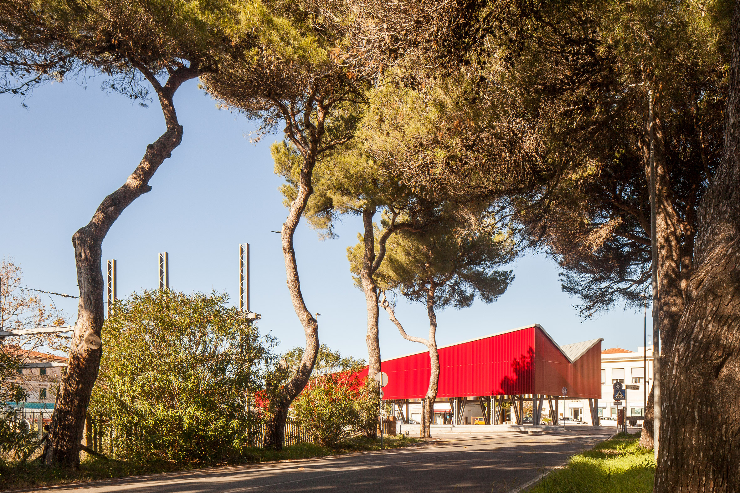 A Italian square with a red pavilion