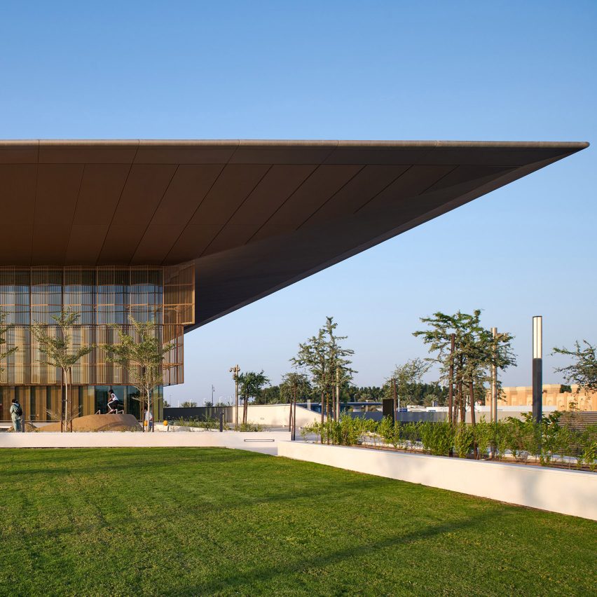 The giant overhanging roof of a library in Sharjah
