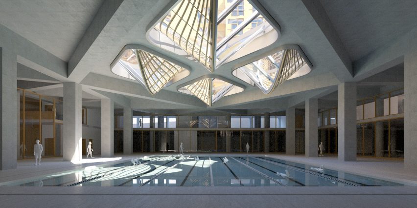 A visual of a swimming pool lit by skylights
