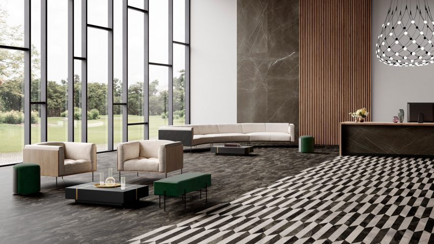 Arrow pattern in Studio Mood flooring tiles by IVC Commercial