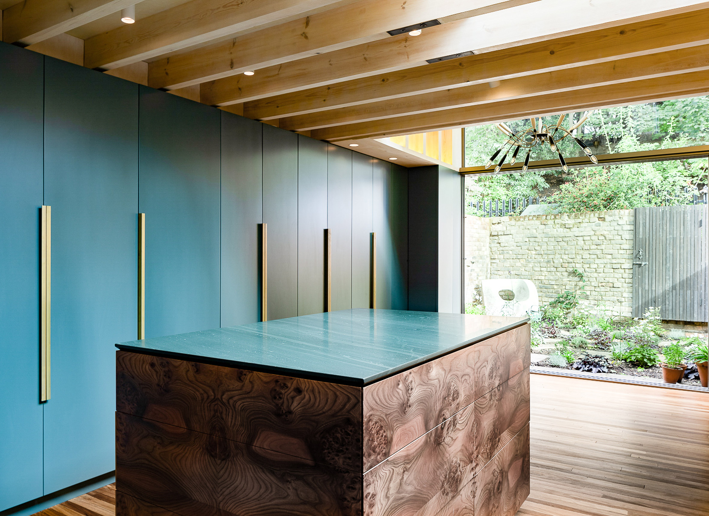 Blue cabinets in London kitchen