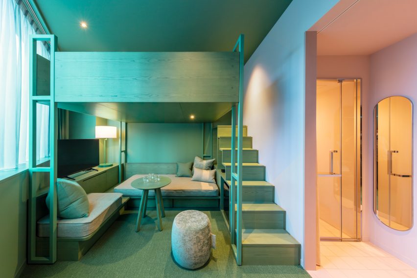 Colourful two-tone bedrooms in Tokyo hotel