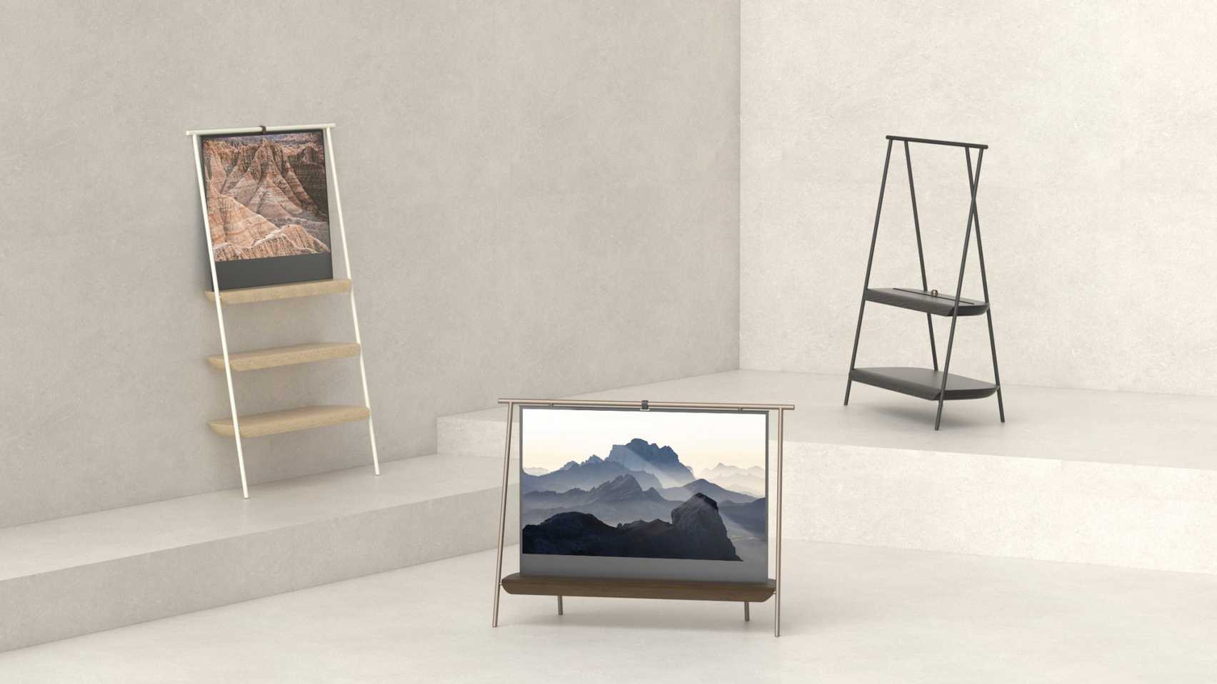 Trestle by Richard Bone shelf with embedded rolled OLED screen for the Dezeen and LG OLED Go competition