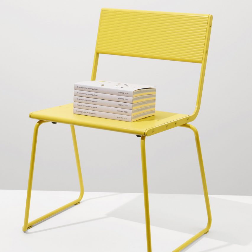 Vestre 2021 catalogue featuring EDPs for all products displayed on yellow chair