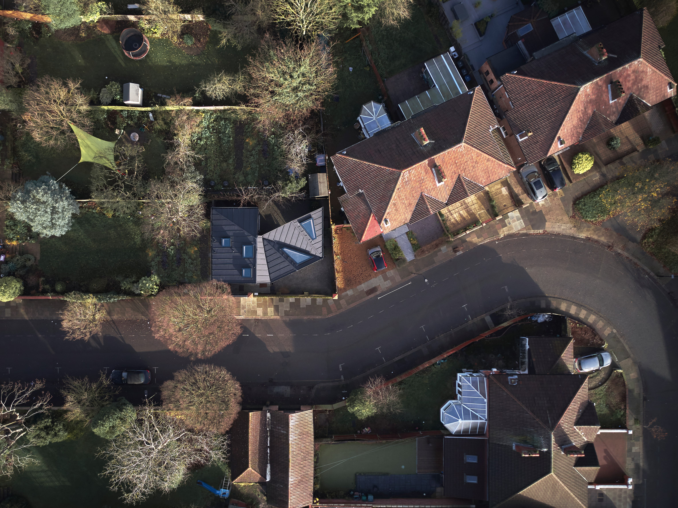 An aerial view of a black house in London