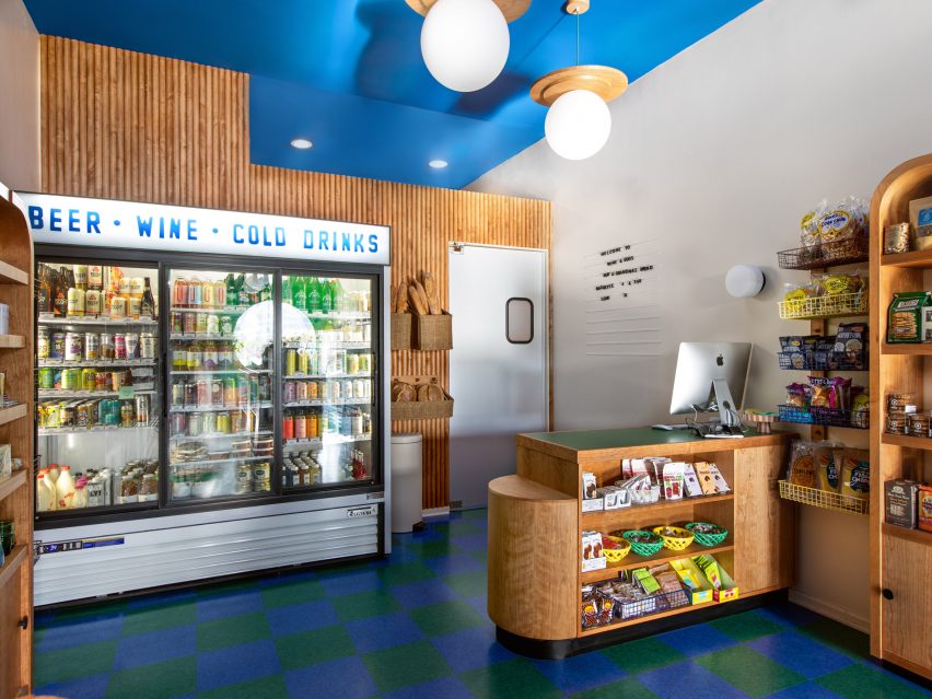Wine and grocery store with blue and green floor