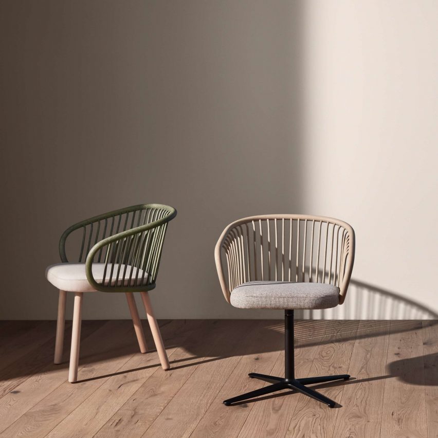 Huma armchair by Mario Ruiz for Expormim with a swivel base and beech wood legs as well as a rattan backrest