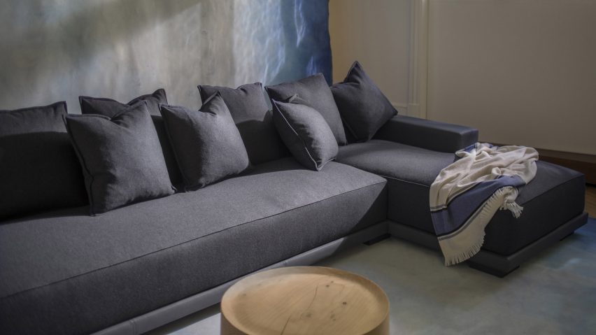 A modular sofa with fabric upholstery