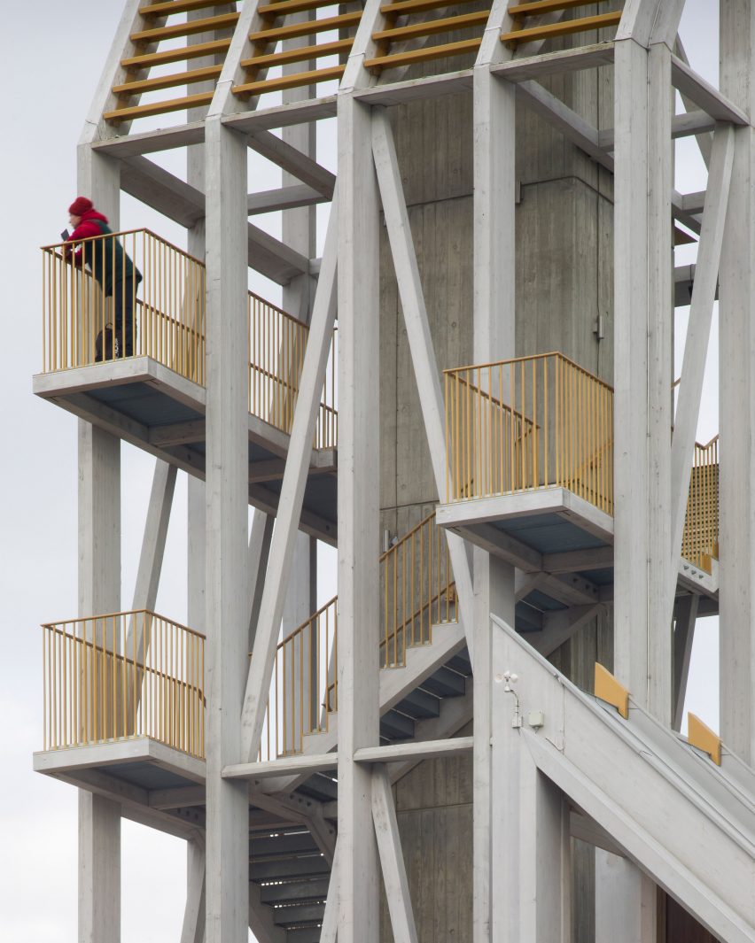 A larch lookout tower with gold balconies