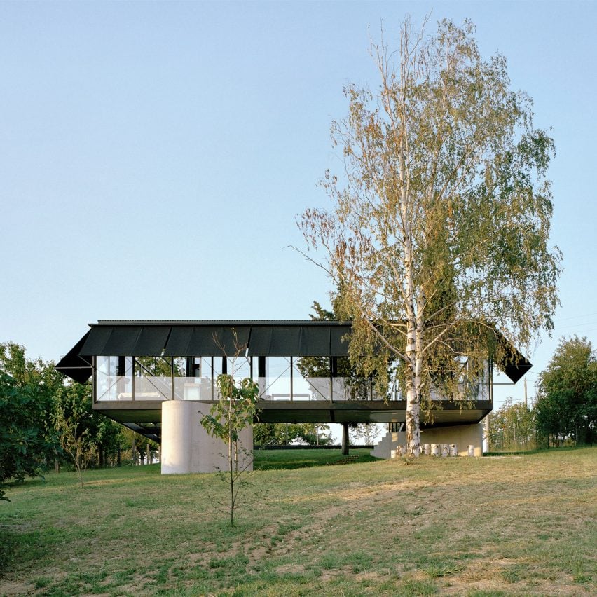 An elevated steel-framed house