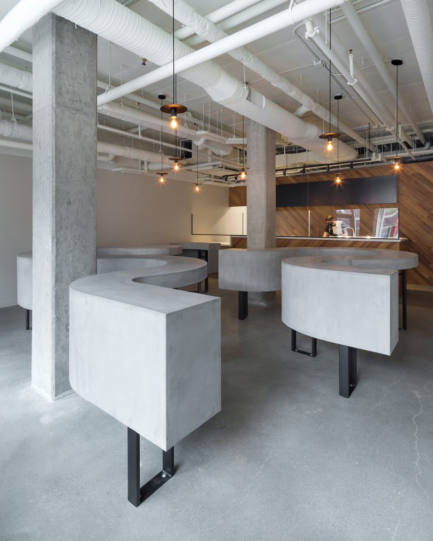 Grey concrete floors, tables and columns